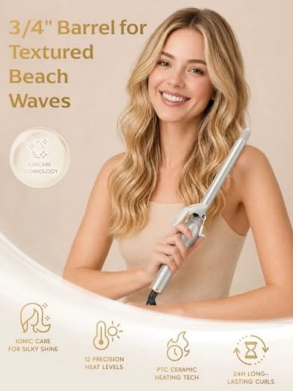 Small Barrel Curling Iron for Short Hair - Ceramic Wand, Dual PTC Heating, 12